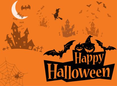 Mutlu Cadılar Bayramı. Kartpostal ya da parti davetiyesi. Reklam broşürü şablonu. Turuncu kaleler, yarasalar, metin için yer Cadılar Bayramı kavramı