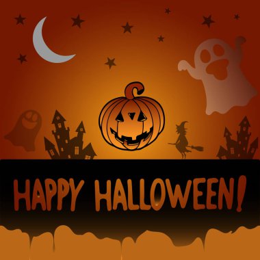 Yazılı mutlu cadılar bayramı, şablon, el ilanı, kartpostal, davetiye, bayrak, cadılar bayramı konsepti, koyu turuncu arka plan