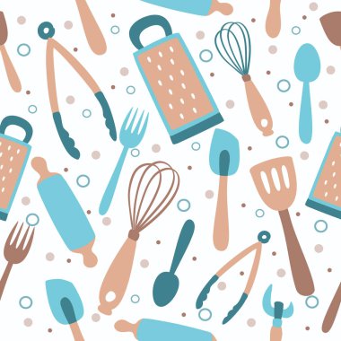 Mutfak aletleri kusursuz desen. Karalama biçimi pişirme araçlarında vektör illüstrasyon baskısı