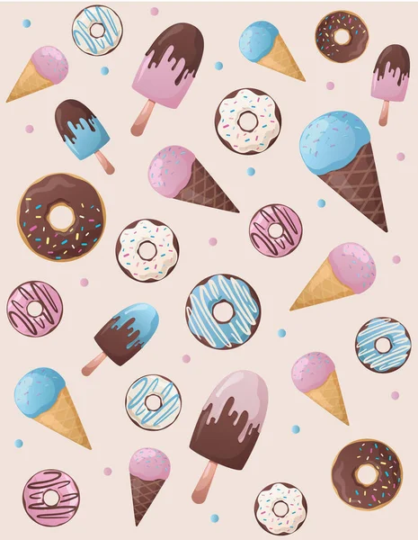 Zoete Desserts Naadloos Patroon Vector Illustratie Van Ijs Donuts — Stockvector