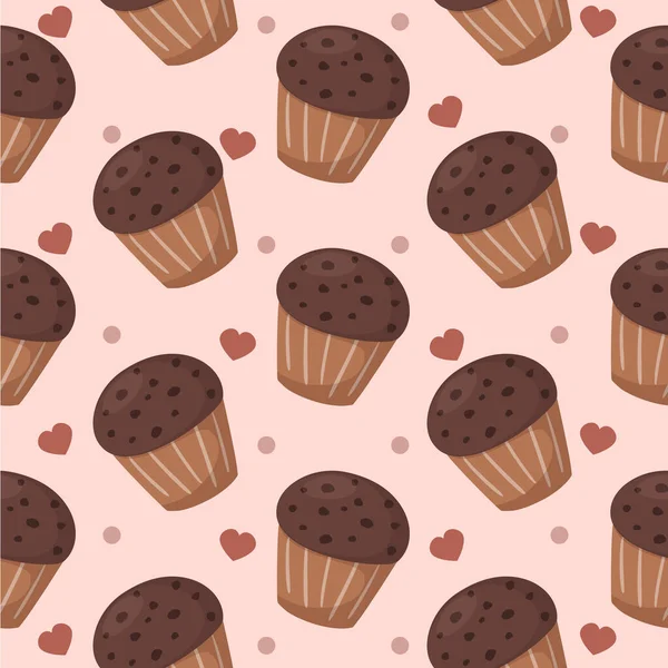 Vector Naadloos Patroon Van Cupcakes Met Harten Print Behang Desserts — Stockvector