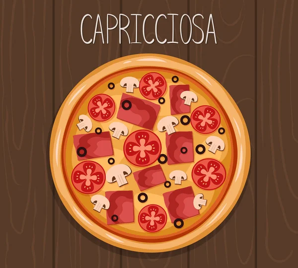 Capricciosa Pizzasının Vektör Çizimi Domatesli Pizza Pastırma Zeytin — Stok Vektör