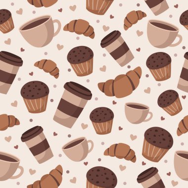 Tatlılar ve tatlılar pürüzsüz. Kahve ve kruvasanın vektör çizimi