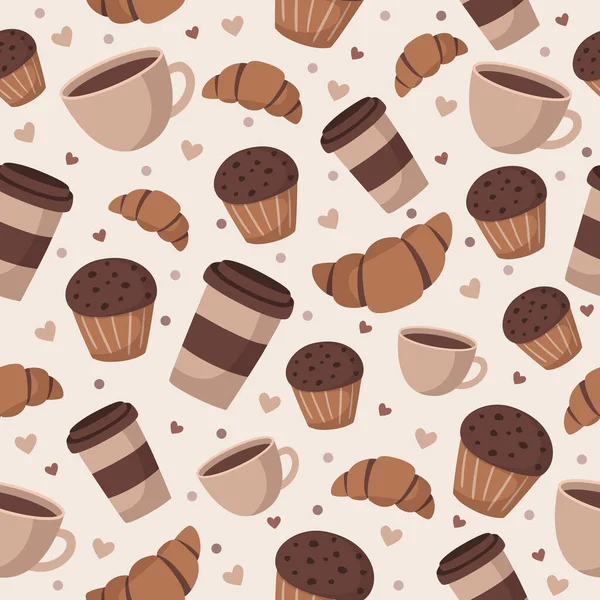 Desserts Snoepjes Naadloos Patroon Vector Illustratie Print Van Koffie Croissants — Stockvector