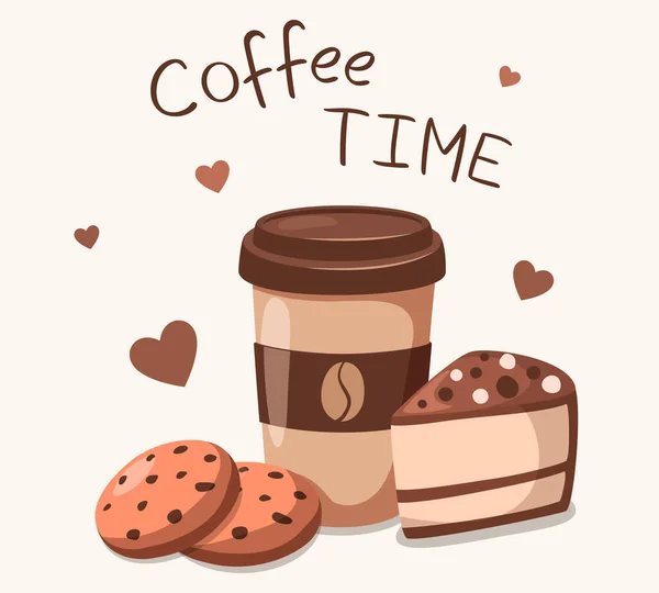 Vector Illustration Coffee Time Cute Cartoon Desserts Coffee Cake Cookies — Stock Vector