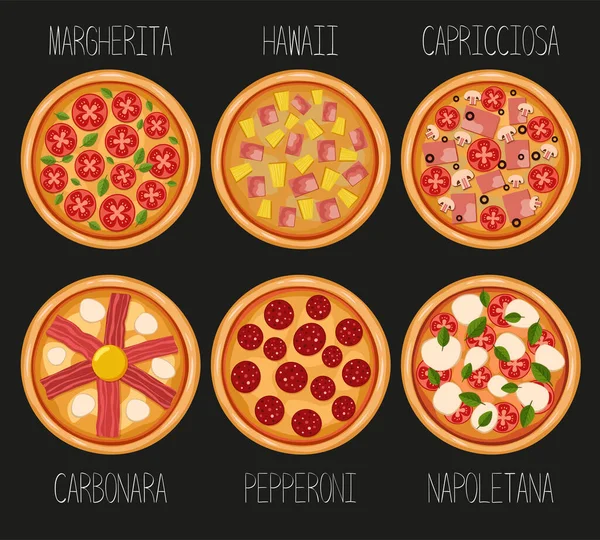Altı Pizza Seti Talyan Yemek Pizzasının Vektör Çizimi — Stok Vektör