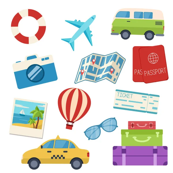 Adhesivos Viaje Colección Vectores Planos Vacaciones Dibujos Animados — Vector de stock