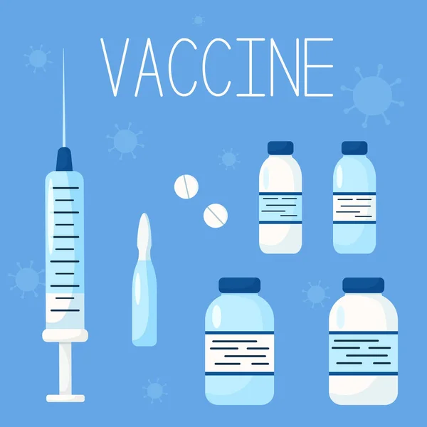 Conjunto Vectorial Vacunas Estilo Plano Vacuna Contra Coronavirus Jeringas Ampollas — Vector de stock