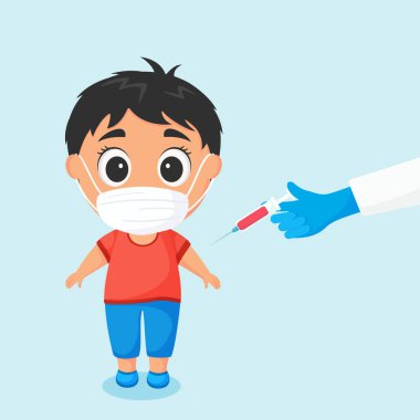 Aşılamanın vektör çizimi. Çocuğa aşı yapıldı. Hastalık önleme. Tıbbi maskeli çocuk