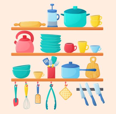 Mutfak aletleri düz bir rafta. Mutfak aletlerinin vektör seti rafta. Çizgi film ev illüstrasyon tasarımı