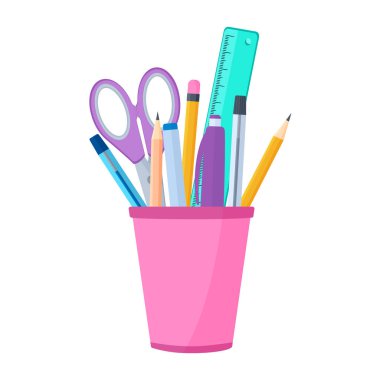 Vektör illüstrasyon ofis ekipman kalem tutacağı. Düz bir fincanda parlak ofis malzemeleri. Parlak Renkli Kalem Carandashi Makas Yöneticisi
