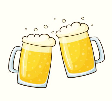 Beyaz arka planda köpüklü iki kupa biranın vektör çizimi. Çizgi film tarzında iki bardak bira.