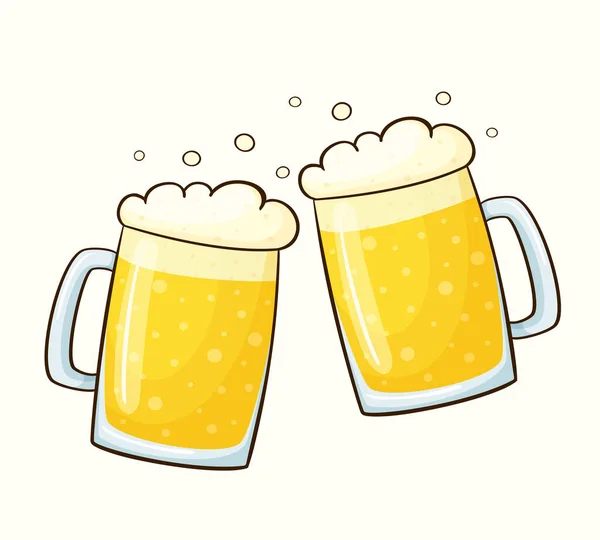 白を基調に分離された泡を持つビールの2つのマグカップのベクトルイラスト 漫画風のビール2杯 — ストックベクタ