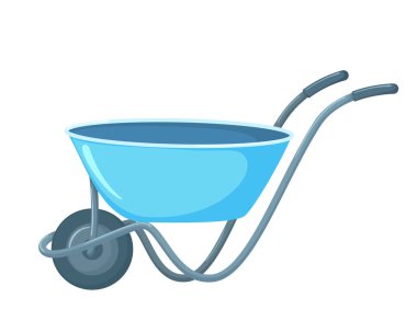 Mavi bahçe el arabası manzarasının vektör çizimi. Beyaz arkaplanda izole edilmiş çizgi film tarzında