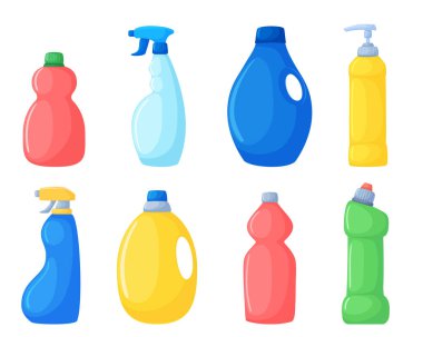 Farklı deterjanlar seti. Temizlik ürünleri, renkli şişeler, spreyler. Resimler beyaz arkaplanda izole edildi.