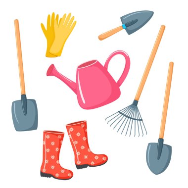 Bahçe aletlerinin vektör seti. Çizgi film tarzında parlak bahçe ekipmanları. Bahçe arabası, sulama tenekesi, beyaz arka planda izole edilmiş kürekler.