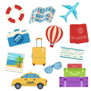 Seyahat için vektör simgeleri. Görüntü düz arkaplanda izole edildi