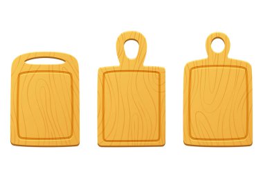 Tahta kesme tahtaları. Çizgi film tarzında bir mutfak panosunun vektör çizimi. Beyaz bir arka planda izole edilmiş. Mutfak aletleri