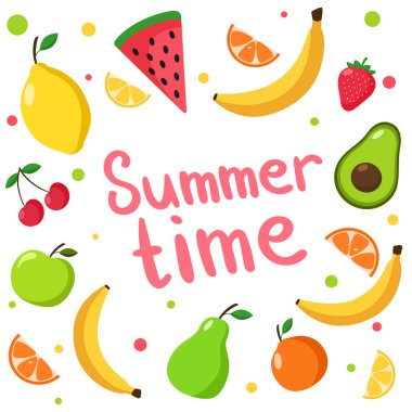 Meyveli vektör ayarlandı. Beyaz arka planda izole edilmiş yaz illüstrasyonu. Meyve bayrağı