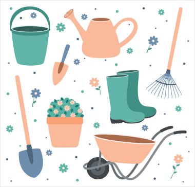 Bahçe malzemeleri seti. Bahçıvanlık elementleri beyaz arka planda izole edilmiş. Çiftlik eşyaları çizdim. Kova, su kovası, çiçekler, kürekler, botlar.