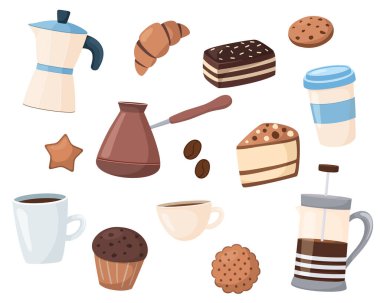 Çizgi film tarzında bir dizi tatlı. Şirin kahve tatlılarının vektör çizimi. Beyaz arkaplanda izole