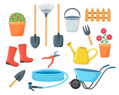 Bahçe için vektör çizimleri. Karikatür tarzında tarım ürünleri koleksiyonu. Beyaz arka planda izole edilmiş. Su kutusu, bot, bahçe arabası, kürek, çiçek, hortum, kova.