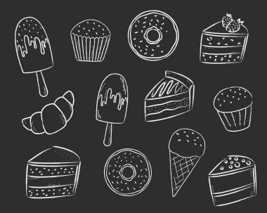 Tebeşir tatlısı ve tatlı seti. Vektör pişirme illüstrasyonu. Menü için karalamalar çiz. Karanlık arka plan. Kekler, kurabiyeler, dondurmalar, çörekler, kruvasanlar