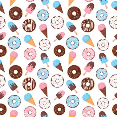 Donut ve dondurma pürüzsüz desen. Çizgi film tarzında vektör illüstrasyonu. Tatlıları bastırır