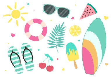 Yaz vektör elementlerinin toplanması. Düz stil basit renkli tatil eşyaları. Resimler beyaz arkaplanda izole edildi. Sörf tahtası, güneş gözlüğü, dondurma, karpuz.