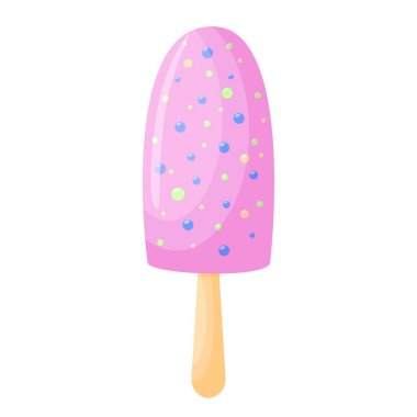Çubuktaki tatlı pembe dondurmanın vektör çizimi. Çizgi film tarzında meyveli buz. Beyaz arkaplanda izole