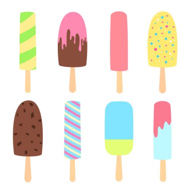 Bir çubuk üzerinde basit bir vektör dondurma seti. Meyveli buz, buzlu dondurma, beyaz arka planda izole edilmiş çikolatalı dondurma. Yaz tatlısı koleksiyonu. Düz biçim illüstrasyonu