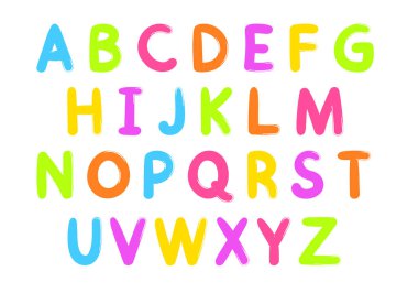 Parlak vektör alfabesi. Çocuk çizgi filmi renkli yazı tipi. Beyaz arkaplanda izole edilmiş harfler