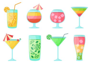 Yaz kokteylleri seti. Çizgi film tarzında plaj içkileri. Farklı aromalı alkollü kokteyl koleksiyonu. Beyaz arka planda izole edilmiş. Meyve suyu, taze meyve suyu ve limonata.