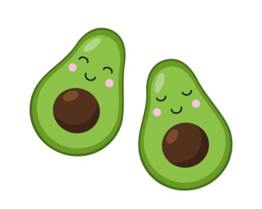 Çizgi film tarzında gülümseyen avokado. İki sevimli avokado. Yeşil meyve vektörü. Beyaz arkaplanda izole