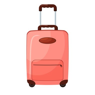 Cepli kırmızı çizgi film bavulu. Çizgi film tarzında seyahat bagajı. Seyahat çantasının vektör çizimi. Beyaz arkaplanda izole