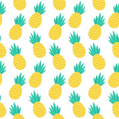 Ananas pürüzsüz desen. Tekstil ve duvar kağıtları için vektör çizimi. Beyaz bir arka planda. Doodle tarzı tropikal meyveler
