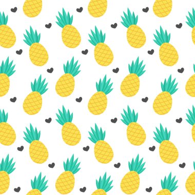 Kalpsiz ananas ve kalp deseni. Düz bir şekilde vektör illüstrasyonu. Beyaz arka planda izole tatlı meyveler.