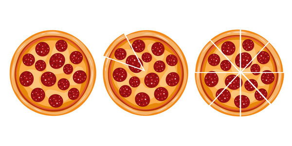 Peperoni set in cartoon style. Banner pizza circle and slices. Isolated on a white background. Illustration for pizza delivery. Hot italian food