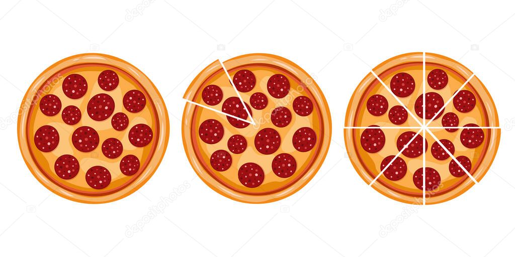 Peperoni set in cartoon style. Banner pizza circle and slices. Isolated on a white background. Illustration for pizza delivery. Hot italian food