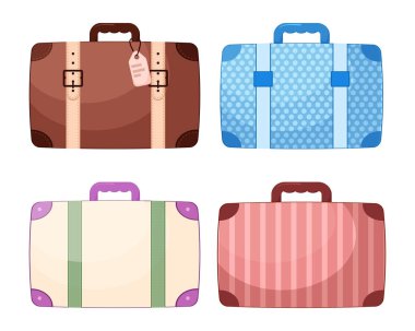 Çizgi film tarzında klasik bavullar. Şirin vektör yükü. Retro seyahat çantaları. Beyaz arkaplanda izole