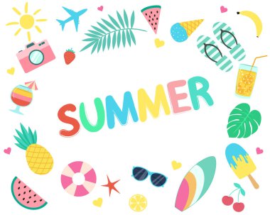 Vector yazı düz bir şekilde ayarlandı. Yazın yazının yazıldığı bir plaj tatili öğelerinden oluşan bir çerçeve. Beyaz bir arka planda izole edilmiş. Seyahat ve Tatil Etiketleri