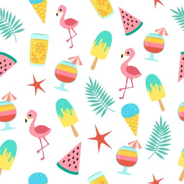 Düz şekilli yaz şablonu. Bir dizi şirin plaj tatil ikonu. Yaz tatili elementlerini yazdır