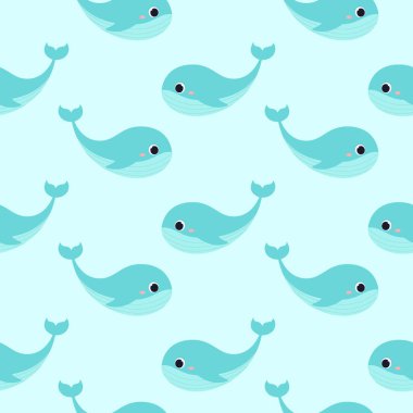 Balina mavisi vektör. Bebek geçmişi için kusursuz bir model. Düz stilde şirin bir okyanus hayvanı.