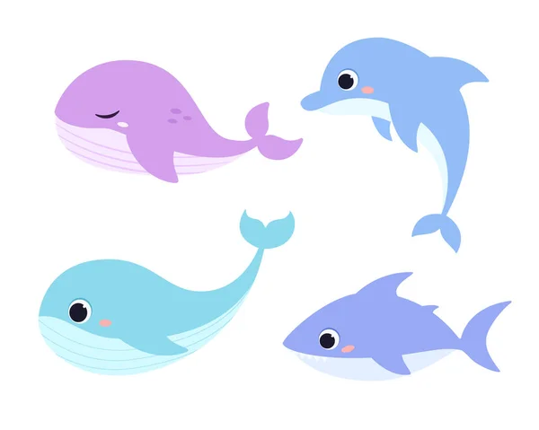 Conjunto Vectorial Simples Animales Marinos Ballena Linda Tiburón Delfín Estilo — Archivo Imágenes Vectoriales