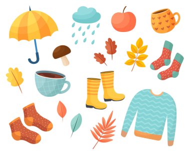 Çizgi film tarzında vektör sonbaharı ayarlandı. Sonbahar temalı çıkartmalar ve klip sanatı. Beyaz arkaplan üzerinde izole edilmiş.