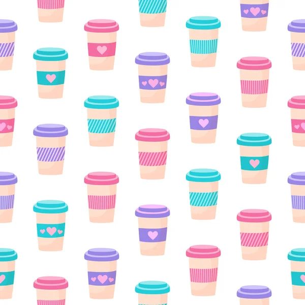 Seamless Pattern Cute Cups Coffee Set Vector Coffee Mugs Flat — Stock Vector