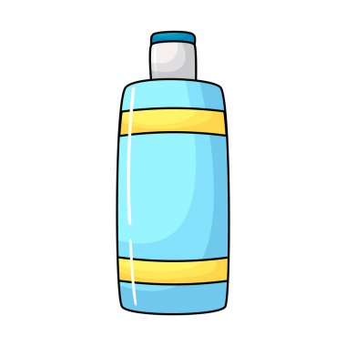 Çizgi film vektör tarzında şişe. Parlak şampuan, duvar yazısı tarzında duş jeli. Temizlik ürünü beyaz arkaplanda izole edildi. Web