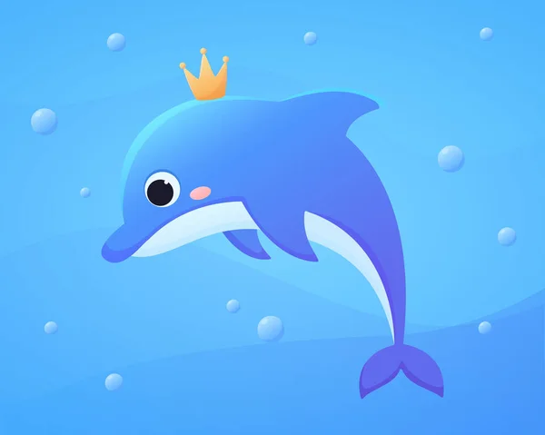 Lindo Delfín Con Una Corona Océano Estilo Dibujos Animados Ilustración — Archivo Imágenes Vectoriales