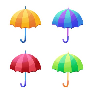 Çizgi film tarzında bir şemsiye seti. Parlak renkli çizgili şemsiye koleksiyonu. Resimler beyaz arkaplanda izole edildi