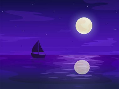 Gece manzarası vektör çizimi. Geceleri deniz. Ay.